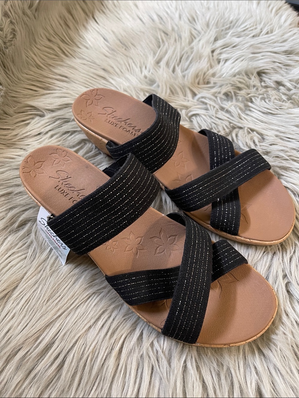 Skechers Black Slip-On Crossband Comfort Sandals